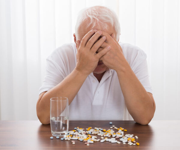 depressieve oude man aan tafel